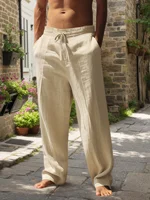 Nouveaux pantalons de plage pour hommes – Pantalons longs amples en coton et chanvre, simples et polyvalents pour le quotidien, les activités de plein air, les loisirs et le fitness, pour l'automne et l'hiver 3