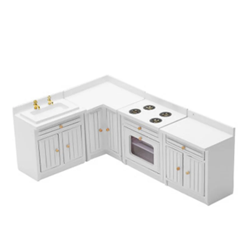 M15K1/12 Scale Doll House Miniatures Kitchen Cabinets Set Miniature Furniture Sink Counters for Kitchen Decor,White