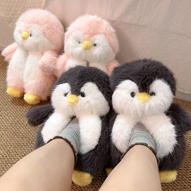 Women Men Cartoon Penguin Fuzzy Fluffy Slippers Winter Cozy House Plush Cotton Shoes Anti Slip Thick Sole Indoor Home Slippers