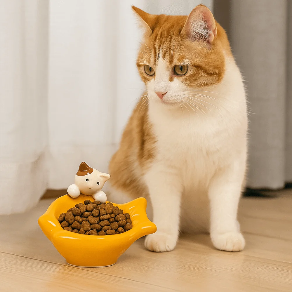 

Cartoon Ceramic Cat Bowl Large Caliber Slanted Design Slanted Ceramic Bowl Anti-Tip Base Fish Shaep Cervical Protection Bowl
