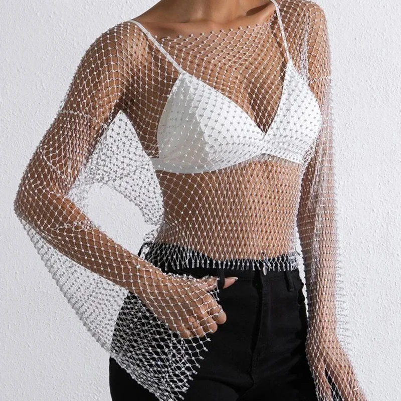 New Style Women's Top T-shirt Fishing Water Diamond Sexy Spicy Girl Nightclub Hollow Net