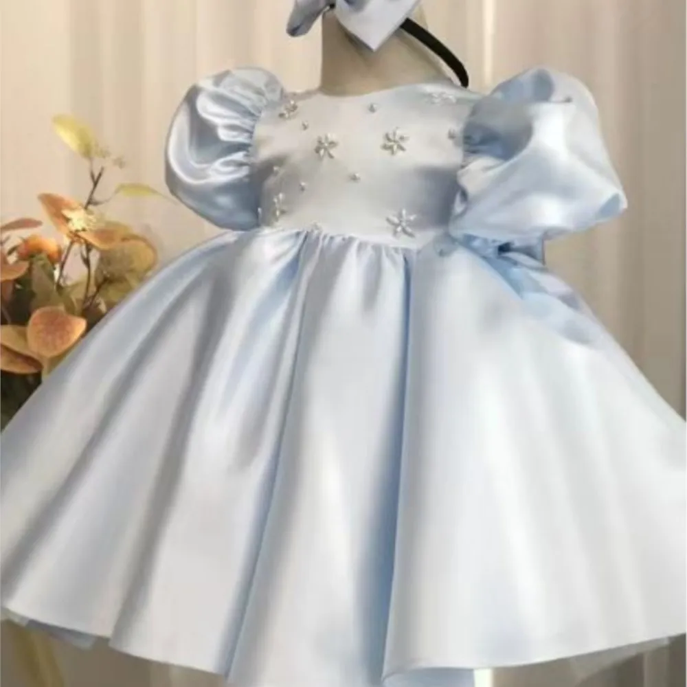 Cute and stylish blue satin princess dress fluffy evening dress baby's birthday summer