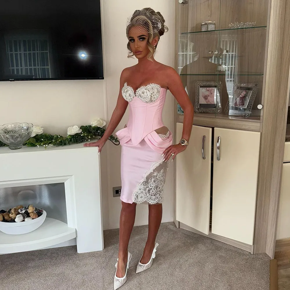 

Custom Pink Mini Short Cocktail Dress Sheath Strapless Cocktail Gown For Women Appliques Sleeveless Birthday Party Gown