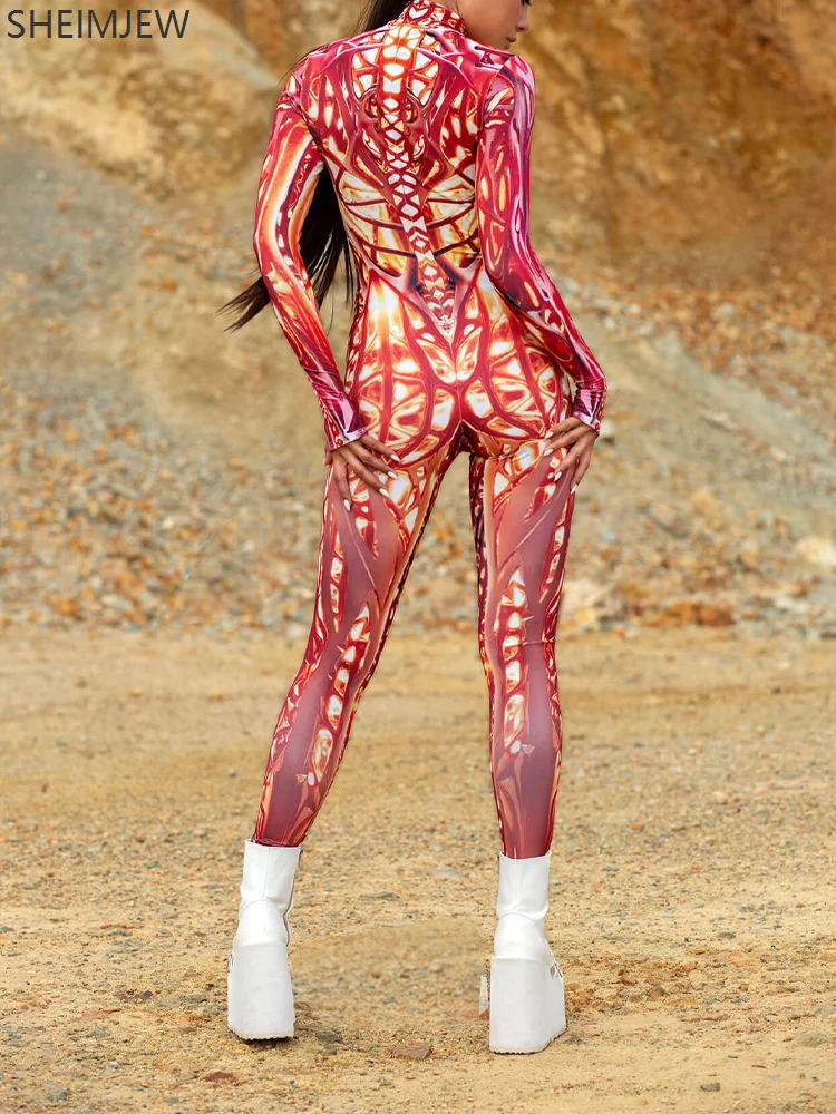 Halloween Red Flame Print Jumpsuit Unisex Burning Man Cosplay Zentai Suit Holiday Party Morphsuit Rave Unique Aerial Yoga Outfit