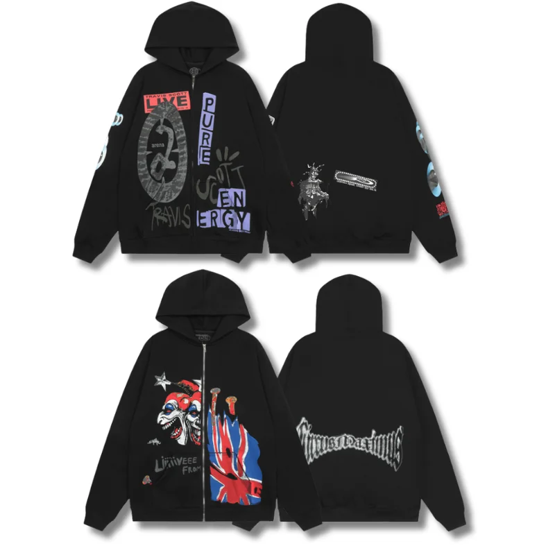 Cactus Jack Hoody Jackets Hand-painted Graffiti Letters Printed Men's Women's Utopia Cardigan Zipper Fleece Coat