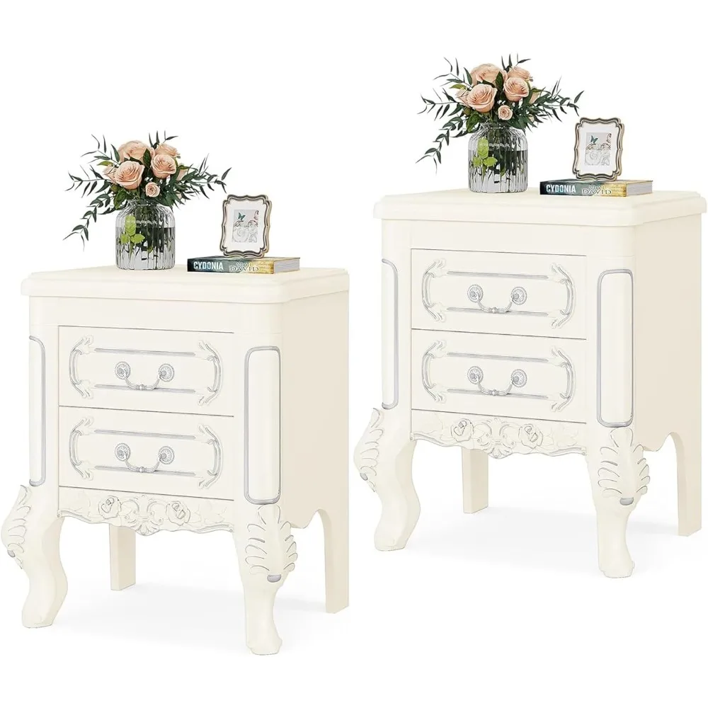 White Nightstand Set of 2, End Table with 2 Drawers, Carved Bedside Tables, Side Table for Bedroom, Living Room, Classic Bedroo