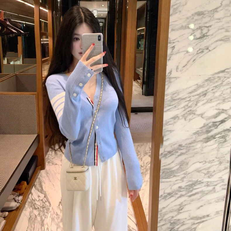 

Color Blo Knitted Long Sve V-Ne Slim Fit Cardigan College Sle Outerwear for Women Autumn 2024 Faion Trend