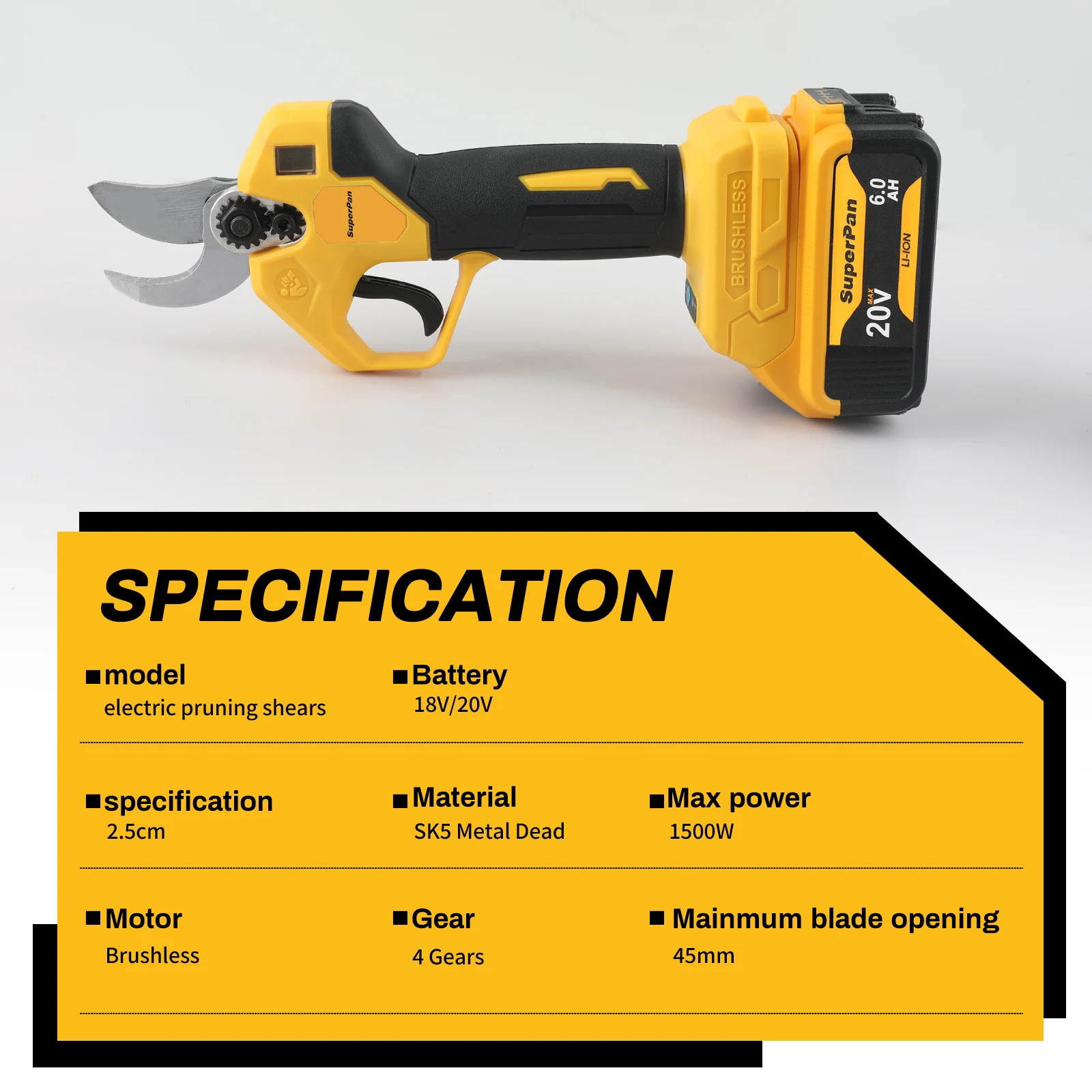 

Superpan Versatile Cordless Electric Pruning Shears - Brushless Fruit Tree Trimmer with LED Display for DeWalt 18V Battery
