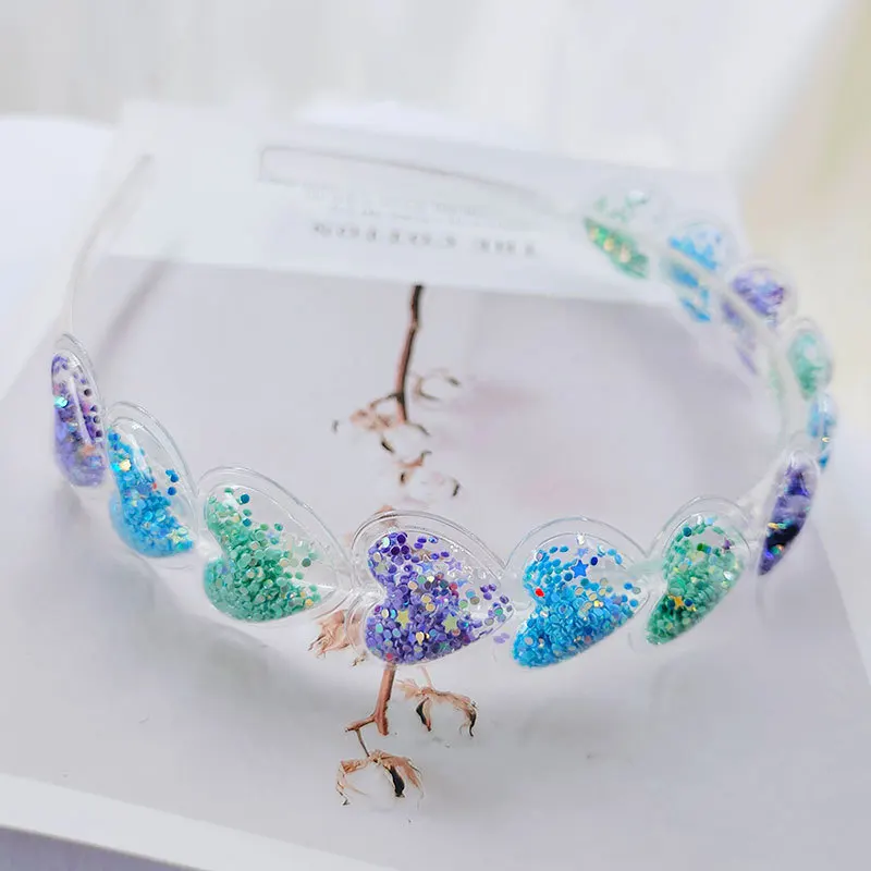 Trong Suốt Quicksand Trái Tim Mũ Trùm Đầu Hình Hoạt Hình Lấp Lánh Sequin Hairbands Dành Cho Trẻ Em Kids Ốp Viền Tóc Vòng Bé Gái Phụ Kiện Tóc