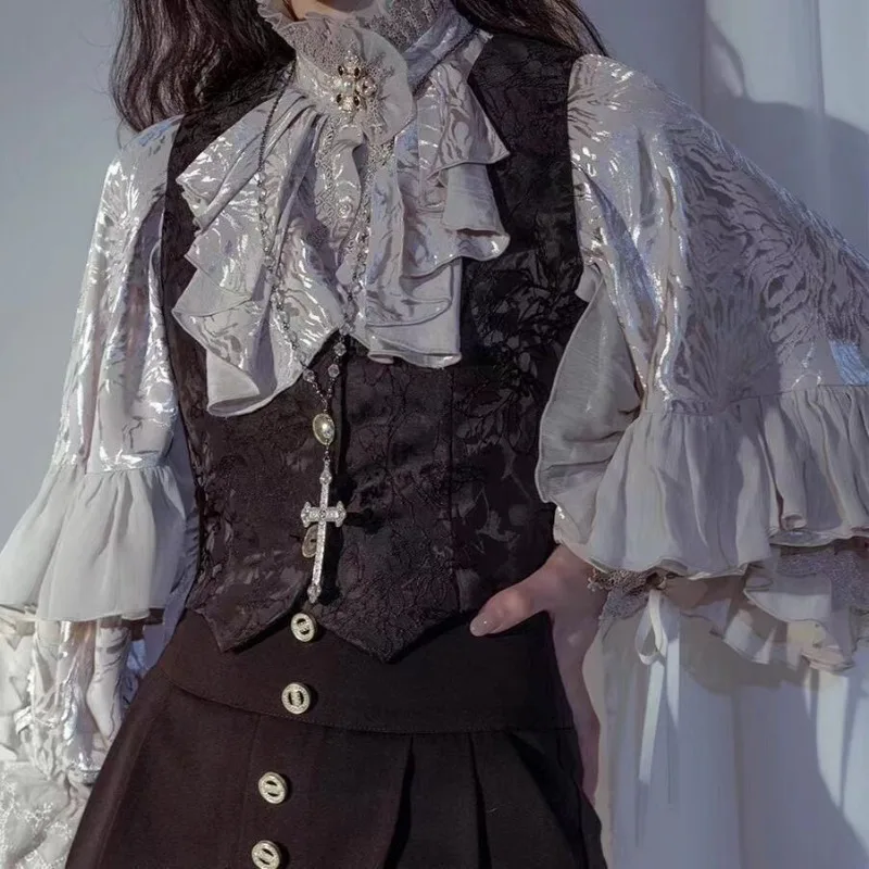 Deeptown y2k estética branca lolita blusas femininas preto vintage babados lanterna manga japonês estilo kawaii camisas jk solto