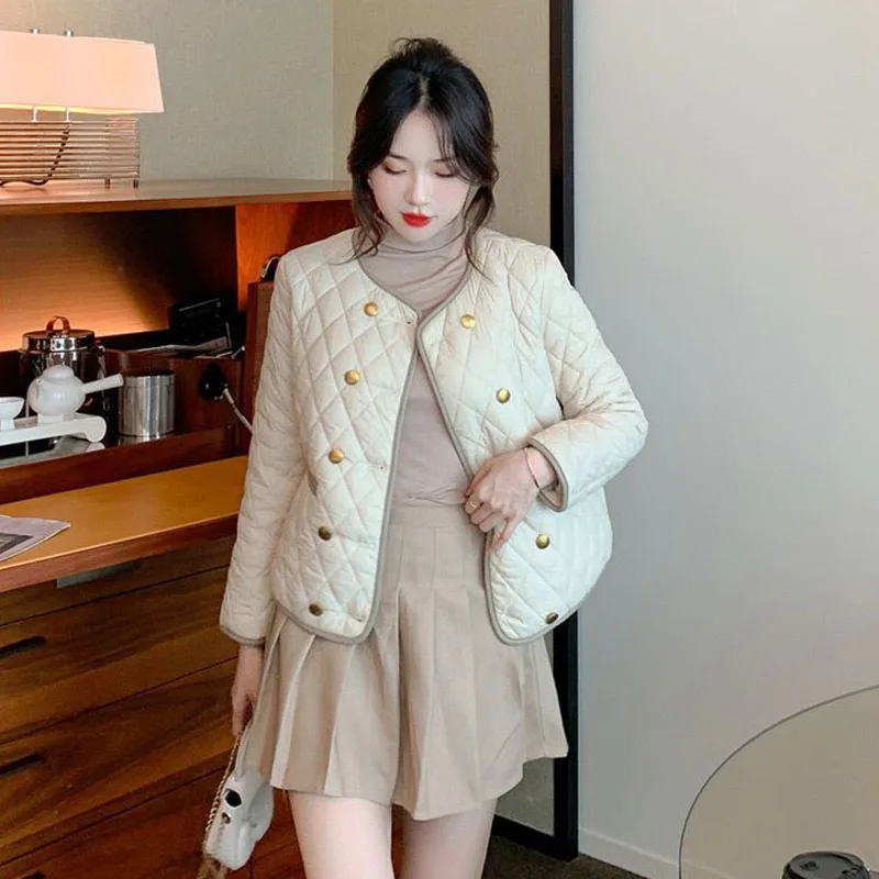 Vintage O-Neck Parka Coat Women Korean Fashion Double-Breasted Down Cotton Jacket Lightweight Warm Cotton