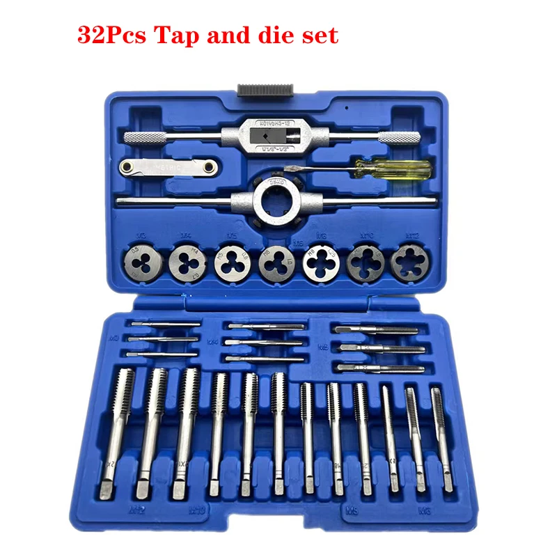 32PCS HSS Tap and Die Set Metric Wrench Cut M3-M12 Hand Threading Tool Tungsten Carbide Tap Die Screw Thread Making Tool