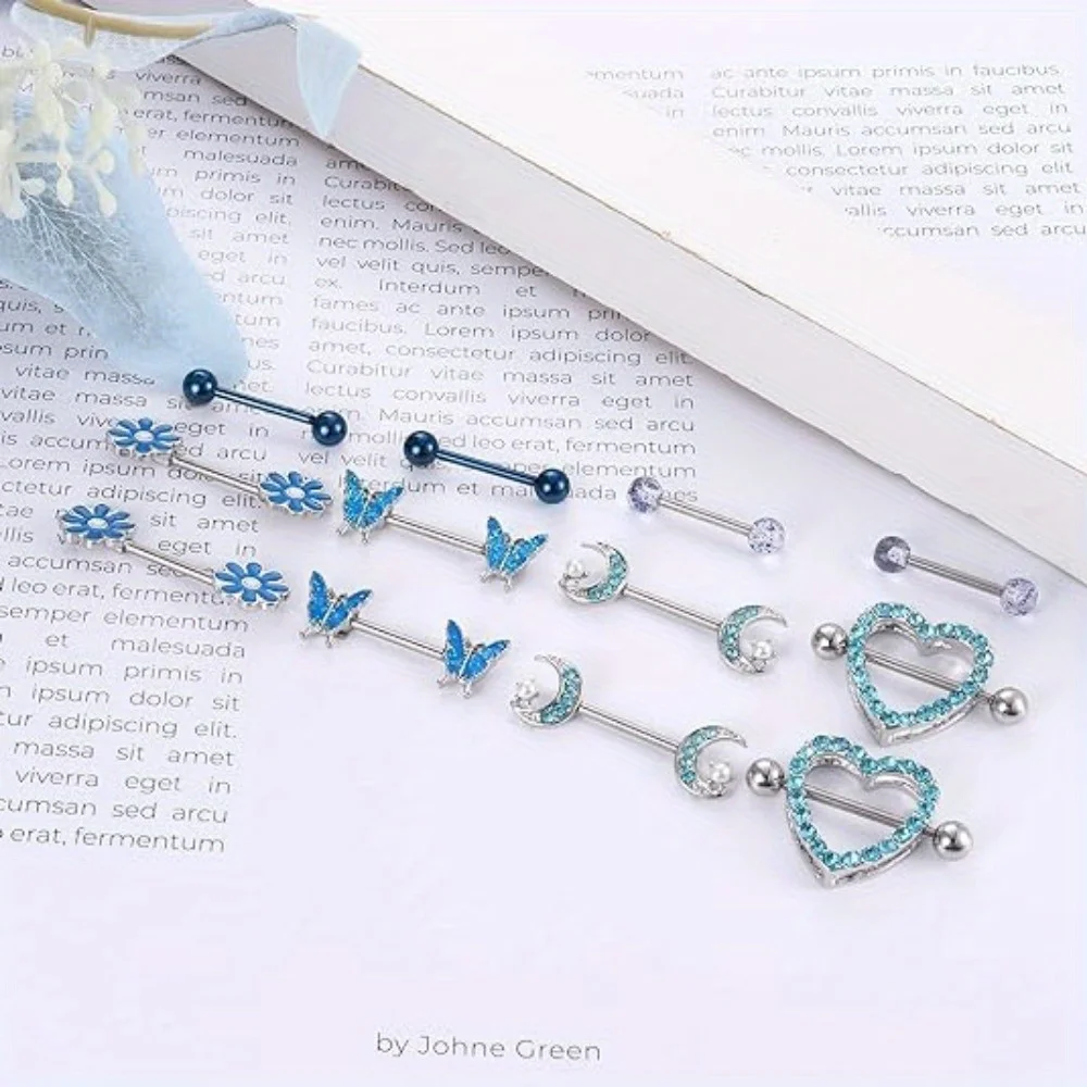 Florideco 1Pc 316L Stainless Steel Nipple Ring for Women Heart Butterfly Moon CZ Flower Barbell Cute Breast Piercing Jewelry 14G