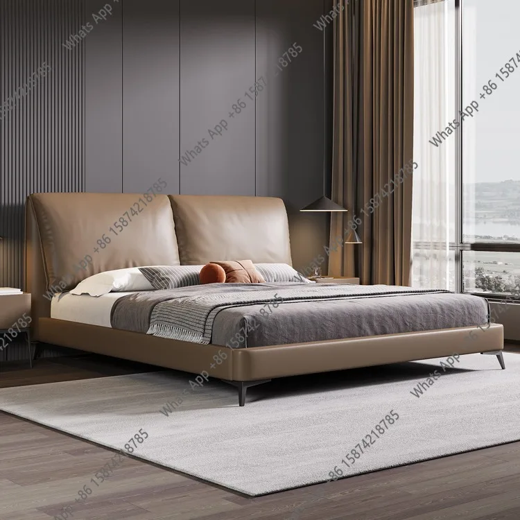 

Italian minimalist first layer cowhide soft bag solid wood double bed solid wood bed leather art all leather light luxury