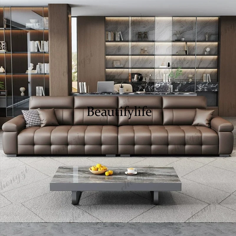 A73 Leather Sofa Segmented Square Panel Straight 3-Seater Brown Cowhide Couch with Wide Wrapped Armrest Designer