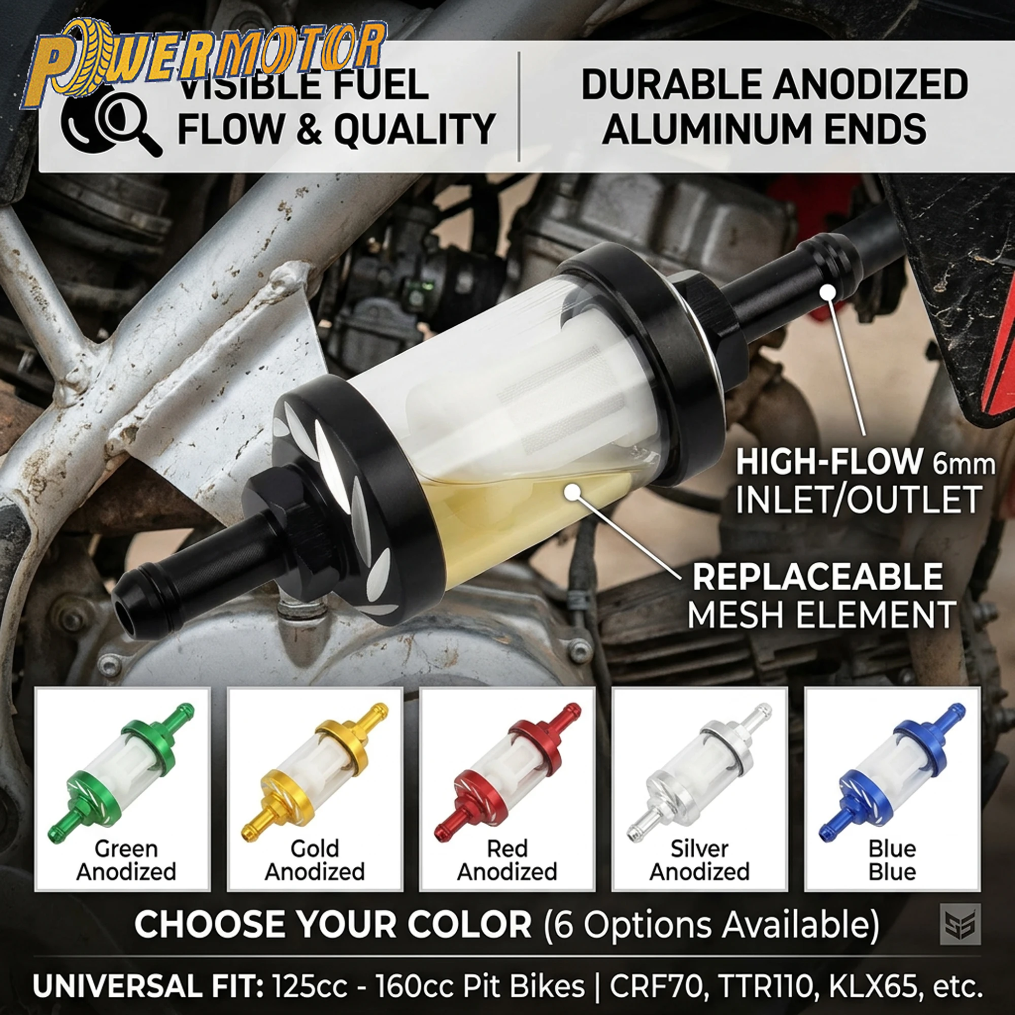 

6mm Motorcycle Fuel Gas oline Oil Filter for 125cc 140cc 150cc 160cc CRF70 90 110 TTR100 110 KLX65 Aluminum Enduro DirtBike Part