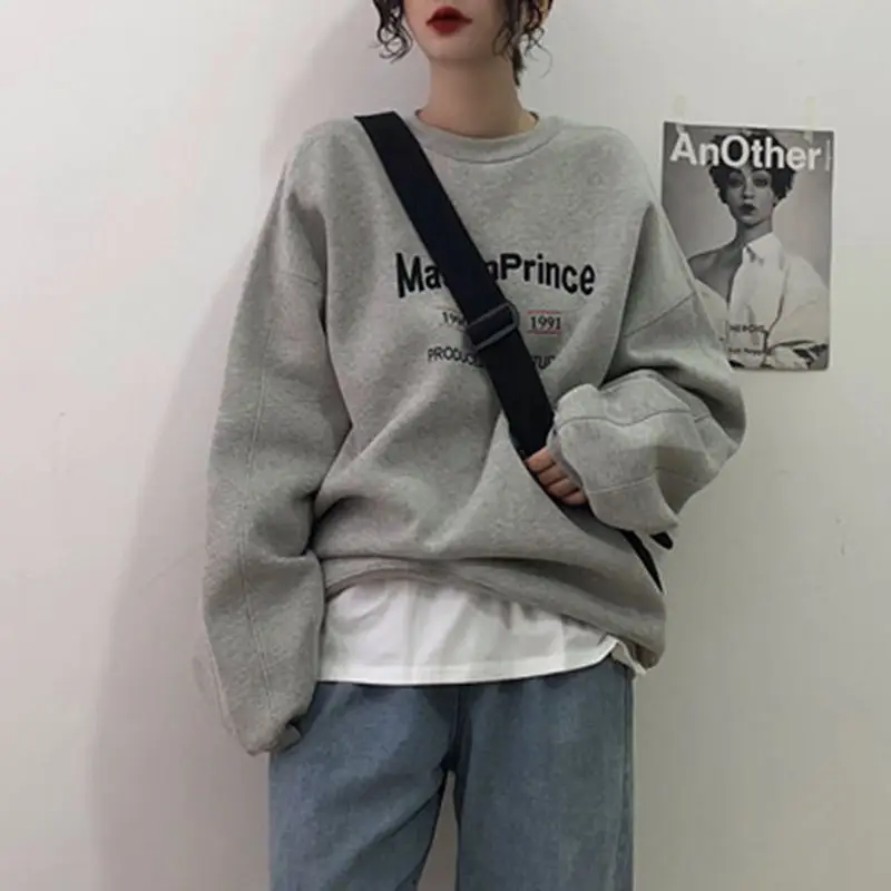 Vintage gray round neck hooded sweatshirt for women spring and autumn thin ins trendy loose lazy style Korean style y2k top emo