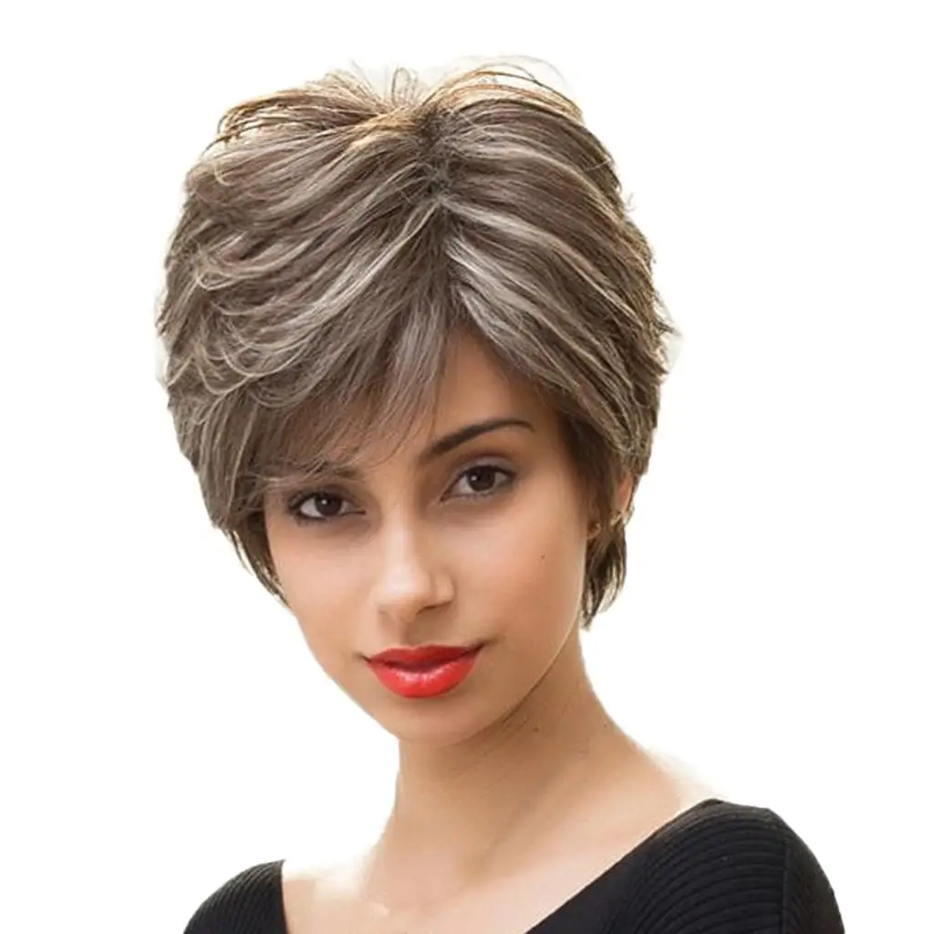 Women's Short Straight Brown with Highlights Real Hair for Women