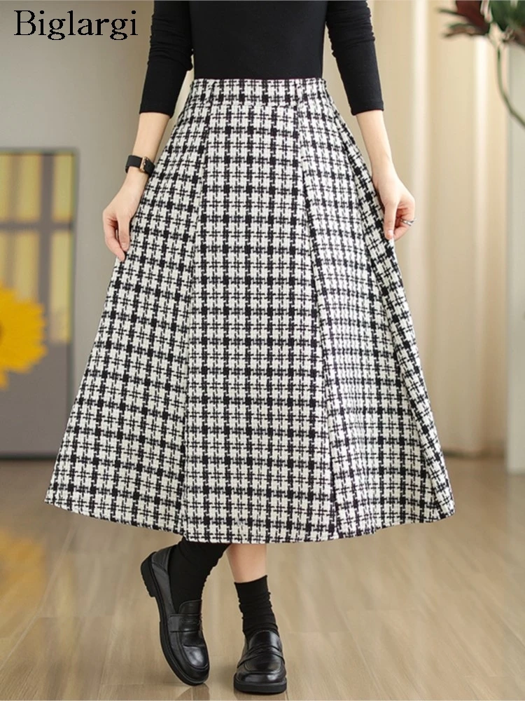 Hahnentritt Plaid Print Herbst Rock Frauen A-Line Rüschen Mode Damen Röcke Übergroßen Lose Gefaltete Hohe Taille Frau Röcke