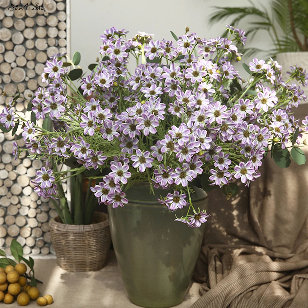 SunMade New Real Touch Daisy Branch with Green Leaves Fake Flowers Living Room Decoration Wedding Table Decor Flores Artificales