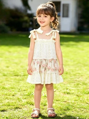 Summer girls' refreshing hollow out double-layer pure cotton printed lace up suspender baby dress