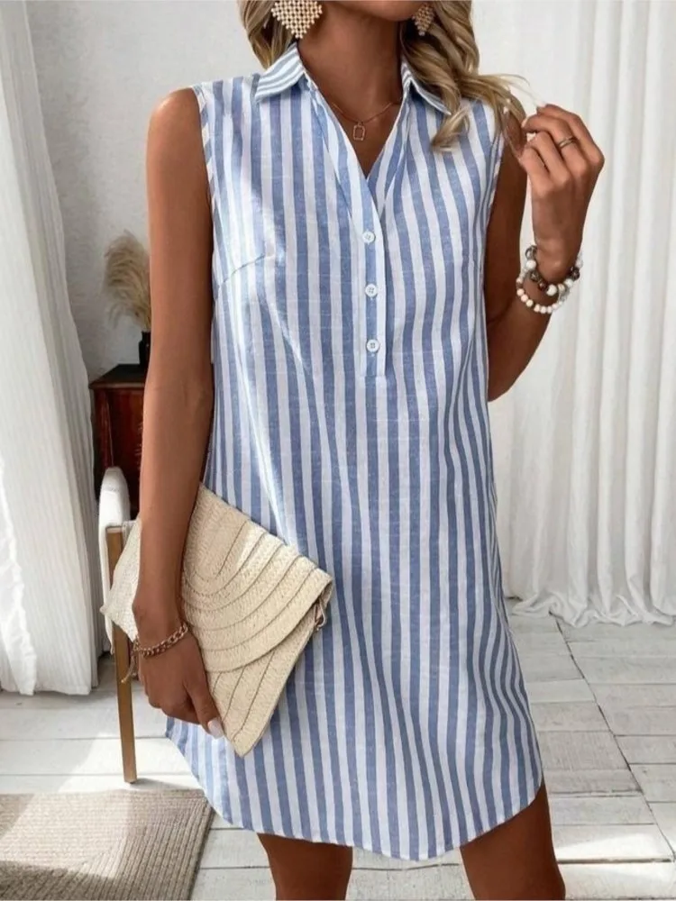 

Women's Striped Loose Shirt Dress Summer New Button Pullover V-neck Fashion Simple Temperament Casual Versatile Mini Dress Woman