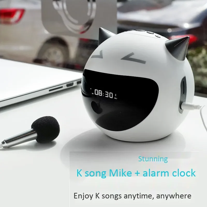 Portable Bluetooth Speaker Bedside LED Alarm Clock K Song Microphone FM Radio Wireless Audio AUX TF Card Player MP3 Robot Table