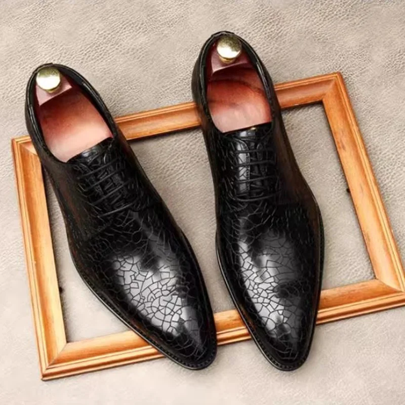 Luxury Cracked Laser-engraved Pattern Men's Business Formal Leather Shoes Fashion Pointed Toe Lace-up Derby Shoes Man Black