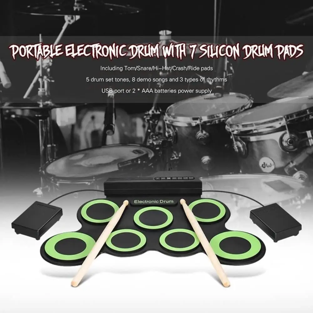 

1 Box 7-Pads Electronic Drum Set with Sustain Pedal Hand Roll Portable Electronic Drum Digital Hand Practice for Beginner
