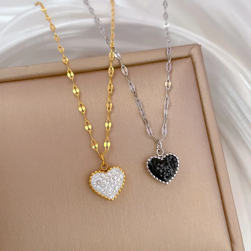 Classic Trendy Two-sided Black White Heart Pendant Necklace for Women Luxury Gold Color Stainless Steel Collar Jewelry Colorfast