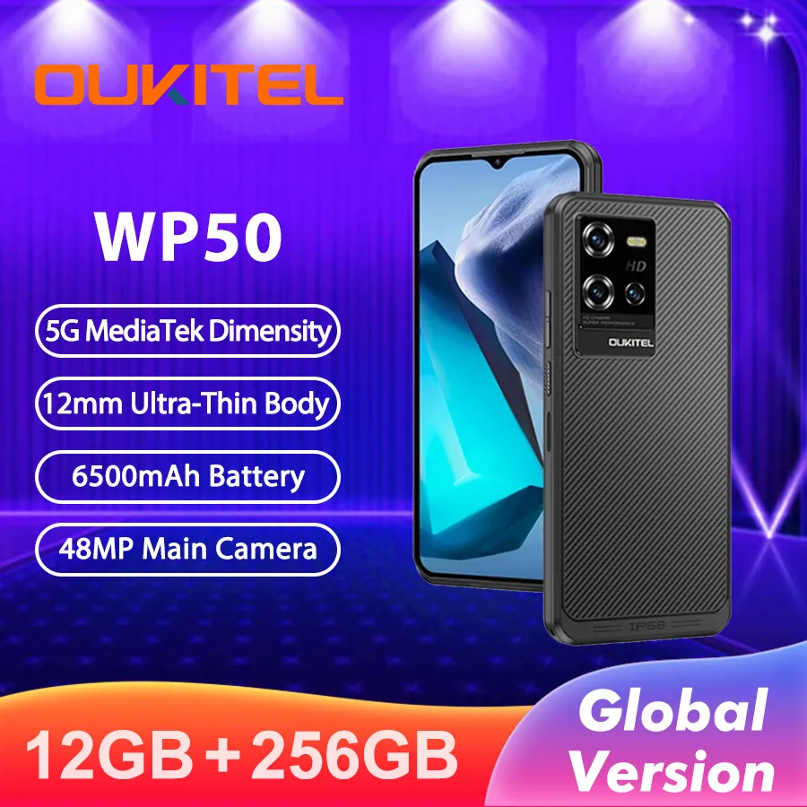 Oukitel WP50 5G 초박형 스마트폰, 안드로이드 14, 12GB(4 + 8GB)+ 256GB 48MP 6500mAh 휴대폰, 6.6 인치 HD + 견고한 휴대폰 NFC