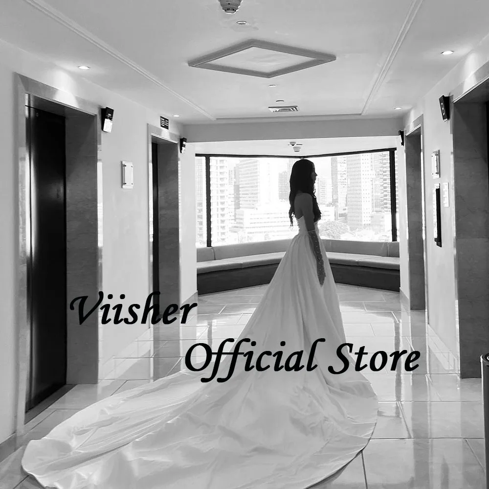 Viisher White Satin A Line Wedding Dresses for Bride Sexy Leg Split Sweetheart Beach Bridal Gowns with Train Long Wedding Dress