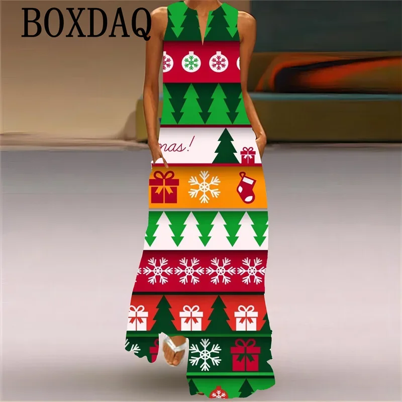 Robe longue de fête de Noël pour femmes, robe maxi à col en V, bloc de documents, impression d'arbre de Noël de dessin animé, vêtements féminins