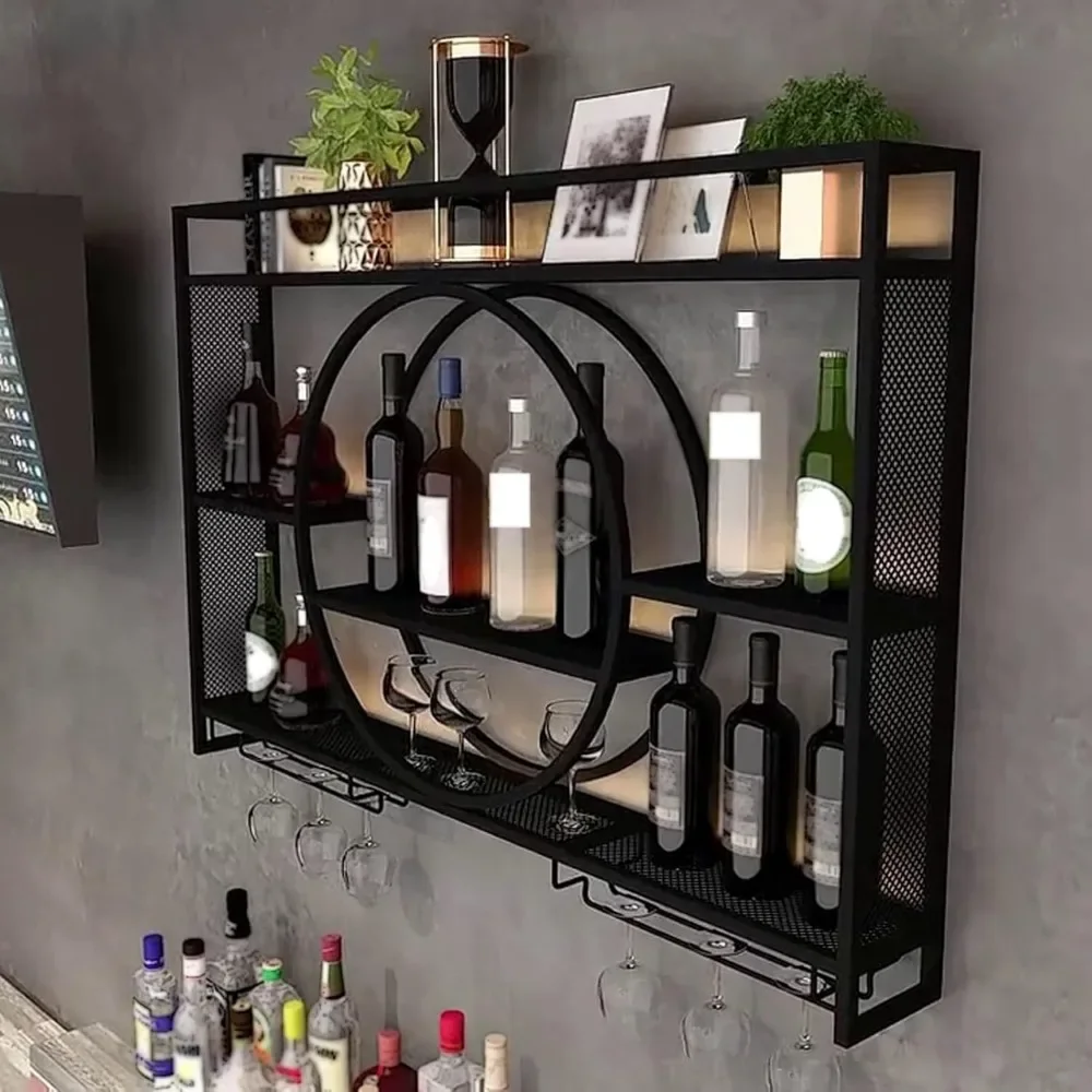 

39.3inch Wine Cabinet with Glass Holder, Metal Wall Mounted Wines Rack, 3 Layer Round Wines Rack, Large Capacity Bar Cabinet