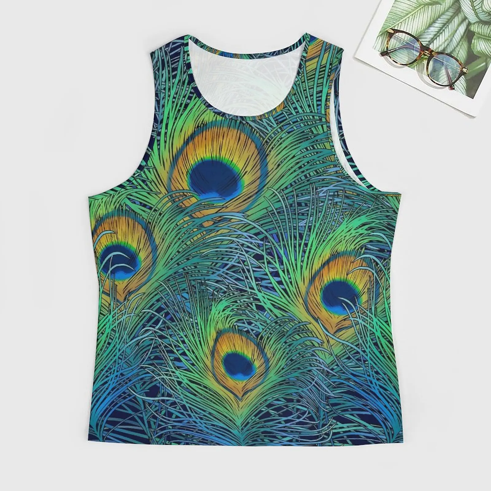 Colorful Peacock Print Tank Top Man's  Trendy Tops Beach Training Graphic Sleeveless Shirts Big Size