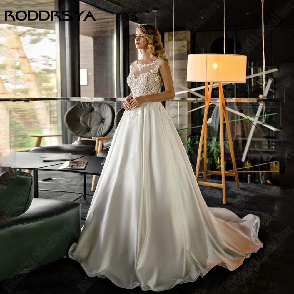 

RODDRSYA Vintage Wedding Dresses For Bride Cap Sleeves Satin Applique Scoop Neck Satin Illusion Robe De Mariée Bride Gowns