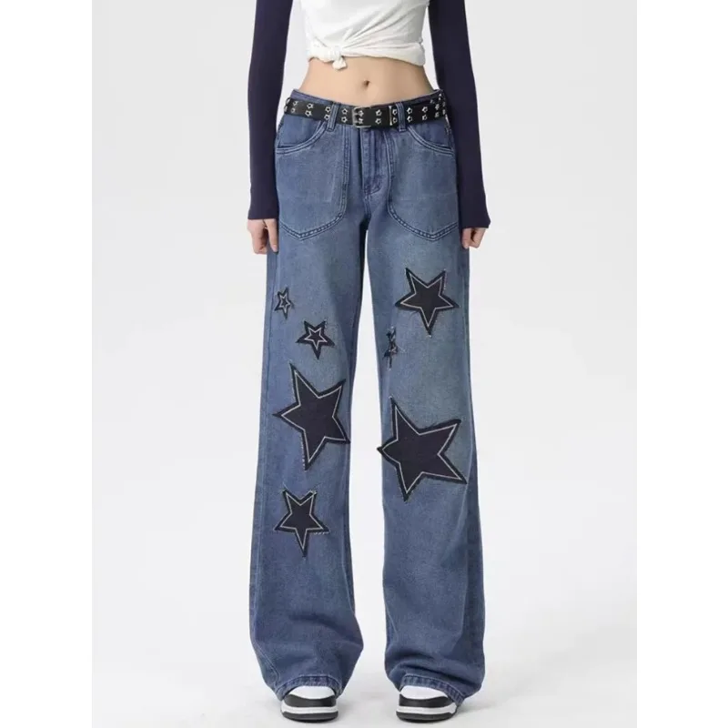 

Women's stitching Embroidery Pentagram Denim pants Straight tube long pants loose wide leg pants