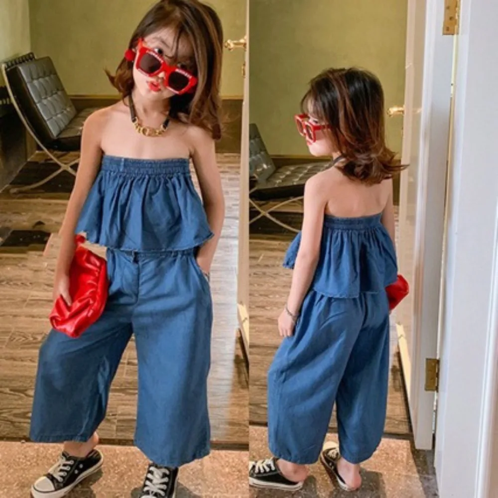 2026 Summer Girls Lightweight Denim Look 2Pcs Set Cropped Elastic Top With Ankle Length Pants, Kids Casual Matching Outfit