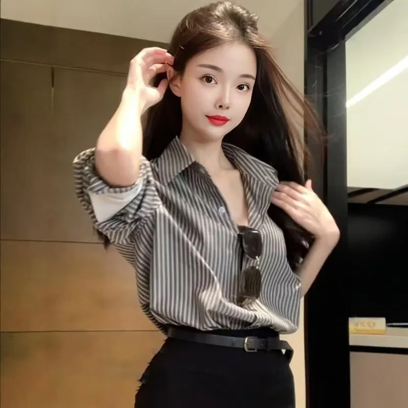 

Classic Striped Woman Spring Autumn Blouses Shirt Office Lady Long Sleeve Turn Down Collar Loose Blusas Tops Korean Clothing New