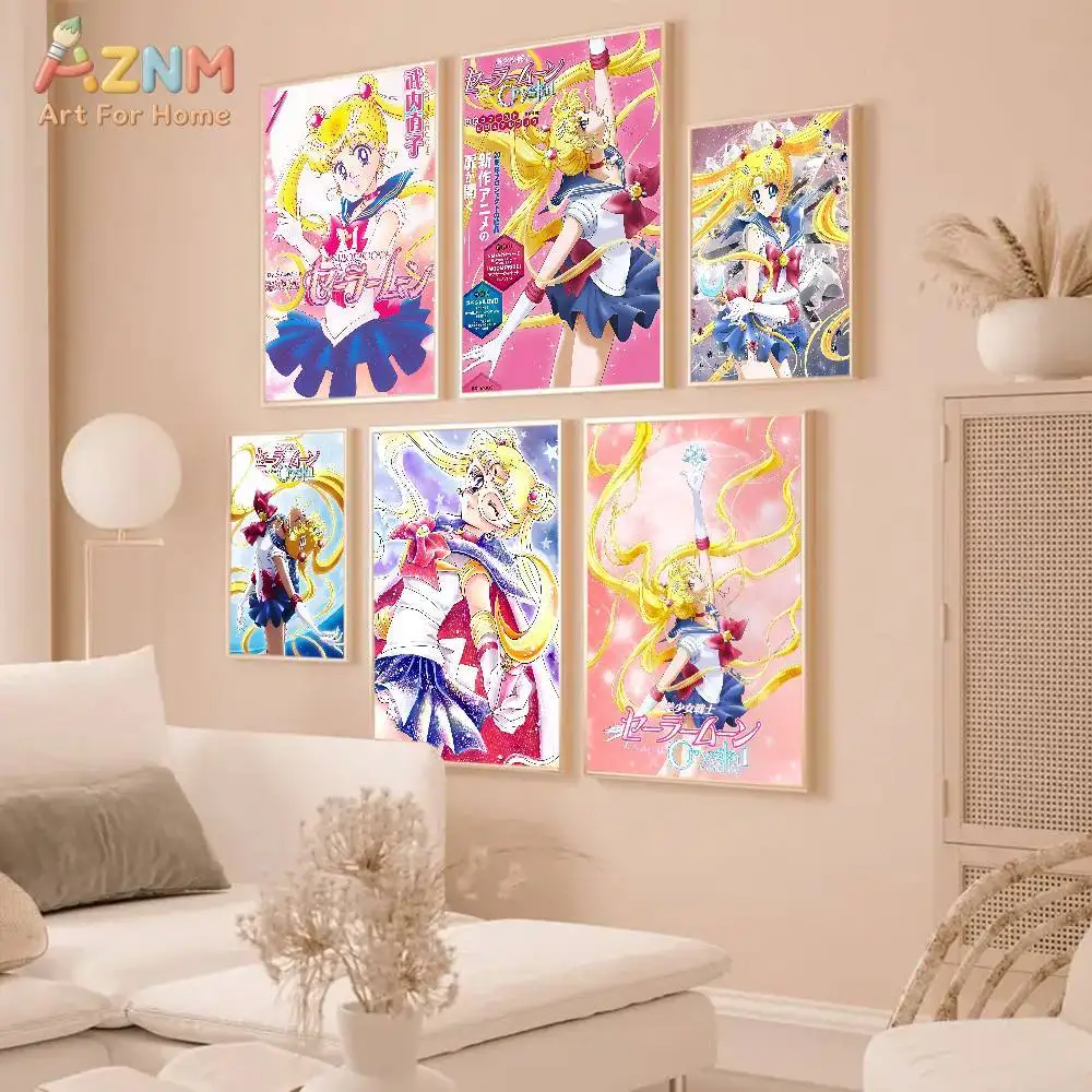 AZNM Sailor Moon Tsukino Usagi Anime Canvas Wall Art Print, Cute Magical Girl Pink Blue Aesthetic Manga Poster for Girls Bedroom