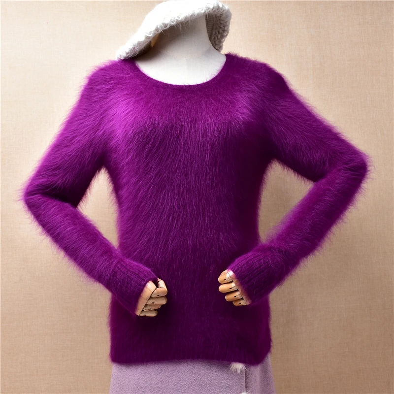 04 Ladies Women Fall Winter Clothing Colored Hairy Mink Cashmere Knitted O-Neck Long Sleeves Slim Blouses Pullover Sweater Pull