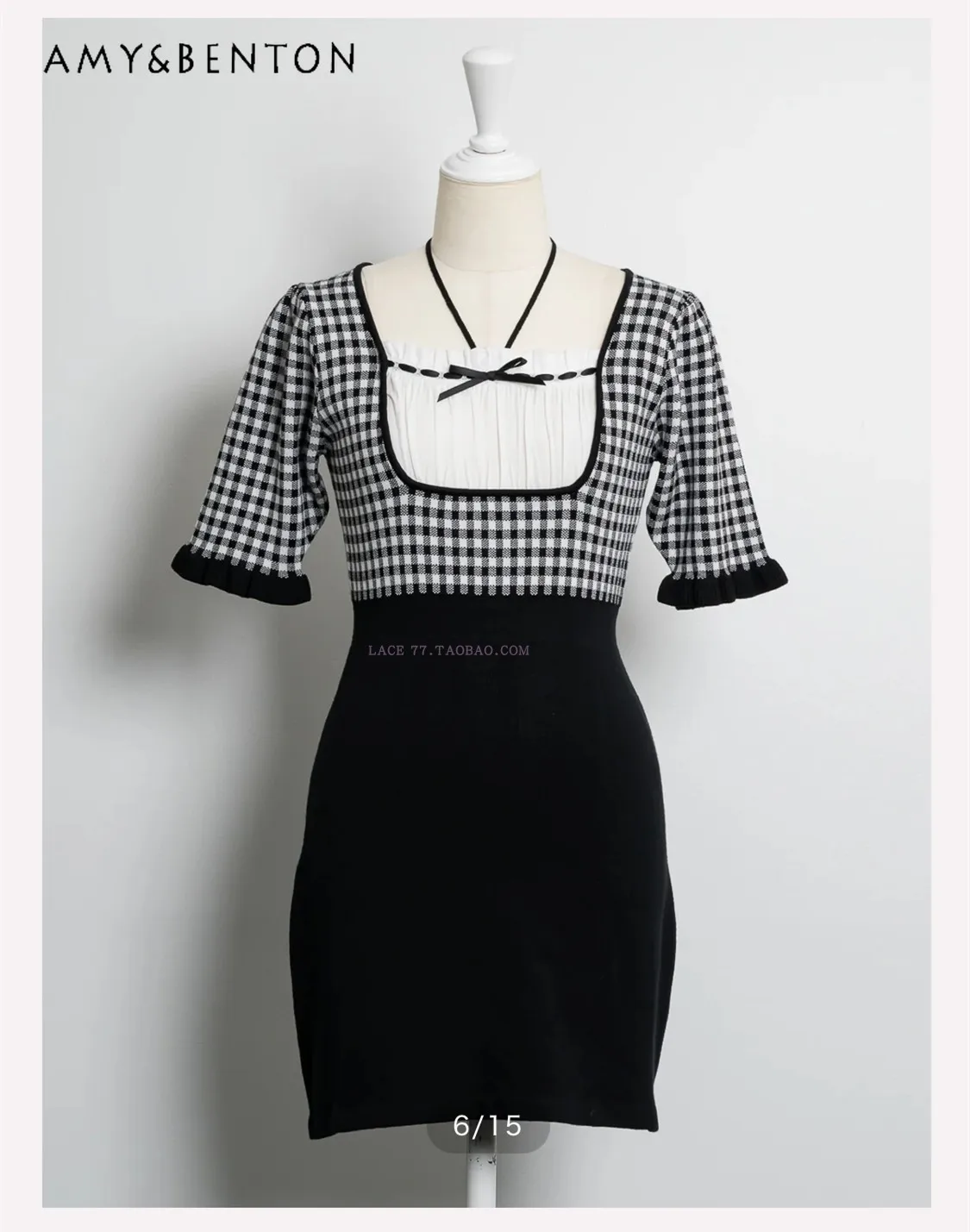 

Japanese Sweet Heavy Industry Woven Pleated Ribbon Splicing Plaid Knitted Dress Commuter Fashion Temperament A-line Dresses