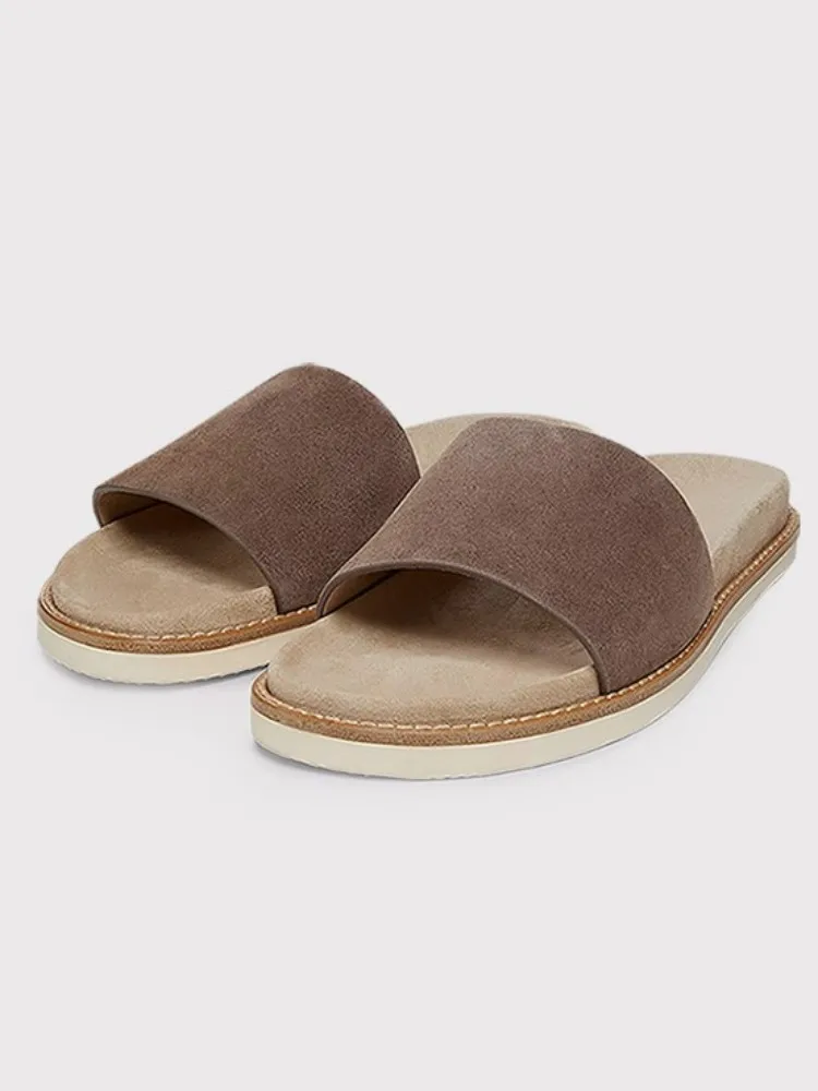 Retro Men High Quality Genuine Leather Open Toe Slides Leisure Trend Solid Color Cow Suede Breathable Beach Flat Slippers