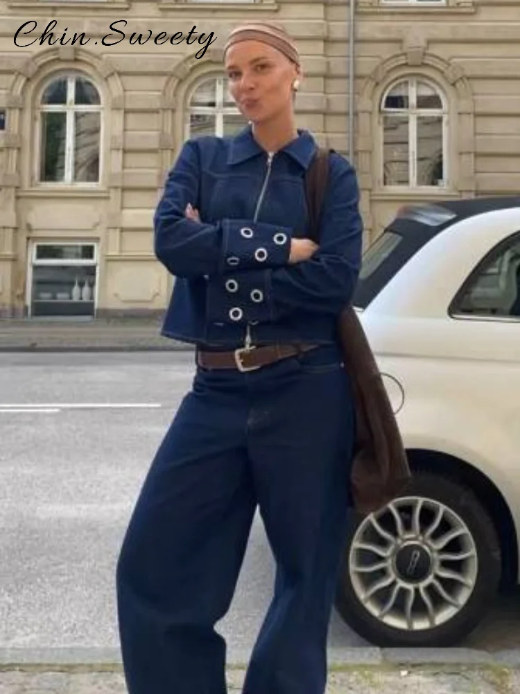 

Chic Hollow Out Ring Denim Trousers Sets Women Loose Lapel Full Sleeve Zipper Jacket Straight Pant 2025 Autumn Lady Outfits New