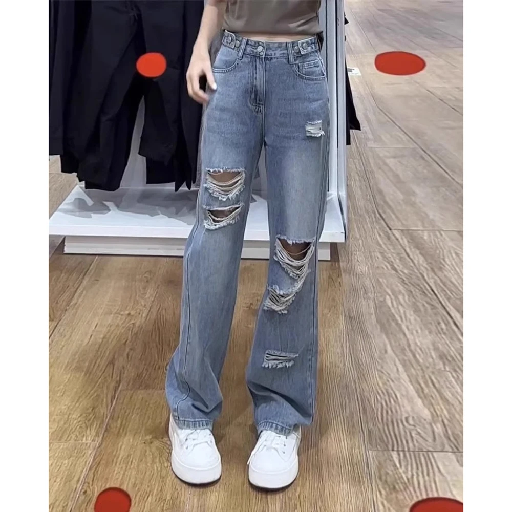 Jean coréen à trous pour femmes, pantalon Long en Denim, ample, taille haute, droit, grande taille, Cowboy, jambes larges, nouvelle collection printemps été