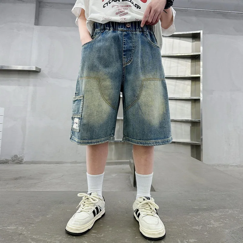 

Детские высококачественные лоскутные джинсы длиной до колена, брюки 5, 7, 9, 11, 12, 13, 14 лет, летняя роскошная одежда для мальчиков, джинсовые шорты с карманом