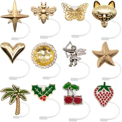 1/12PCS Gold Silicone Straw Cover,8mm Metal Kawaii  Straw Topper Butterfly  Plug for Girls, Dustproof Straw Cap Accessories