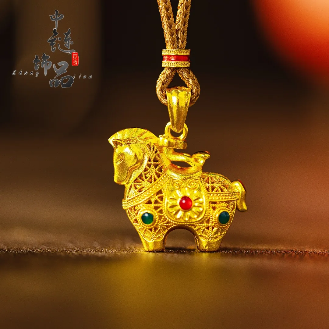 Enamel hollow Tang Ma pendant 9999gold
