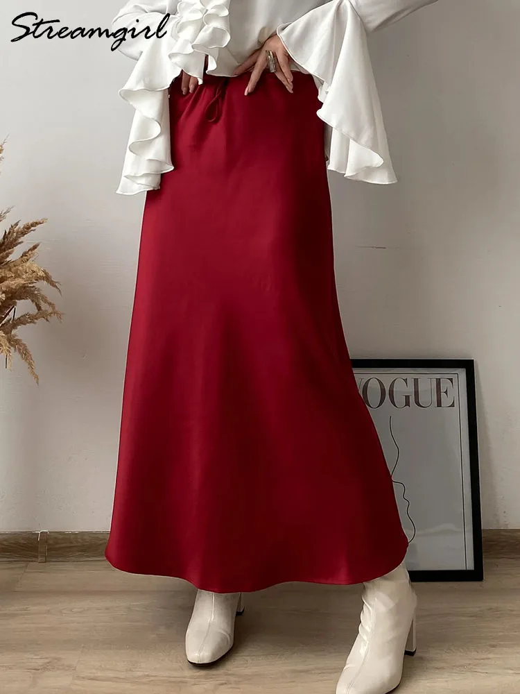 Black Satin Long Skirt Women High Quality Silk Skirts Maxi Tie Up Elegant Office Long Green Skirt For Women Brown Skirts Spring