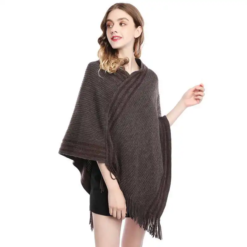 

Korean Spring Autumn Hot Selling Imitation Wool Cloak Shawl Knitted Female Tassel Warm Covering Lady Coat Coffee